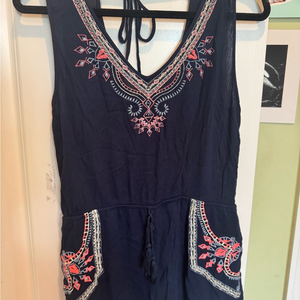 Navy Embroidered Sleeveless Romper